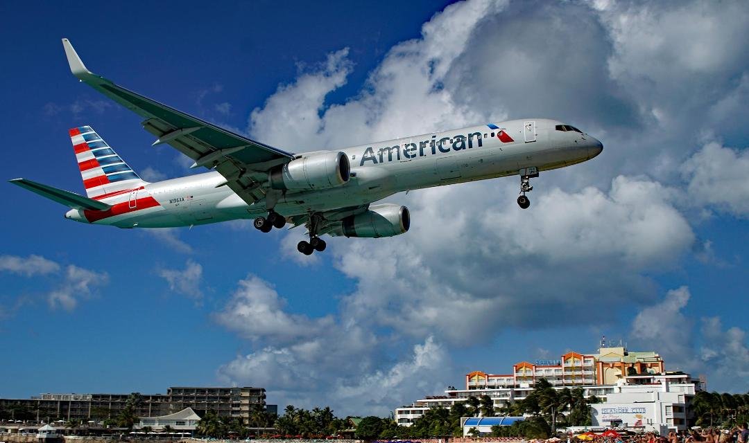This American Airlines on short approach over Maho beach, St. Maarten.