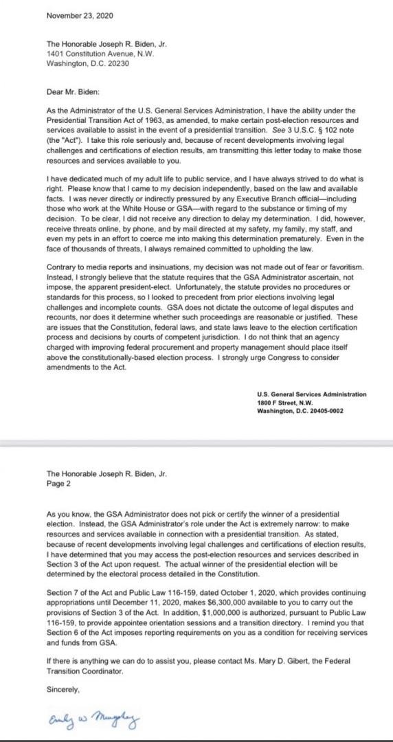 The media, as usual, isn't telling the full story on the letter from the GSA saying to begin the transition. A key part for doing this and Trump agreeing, were the threats being made to the GSA heads family, herself, and h