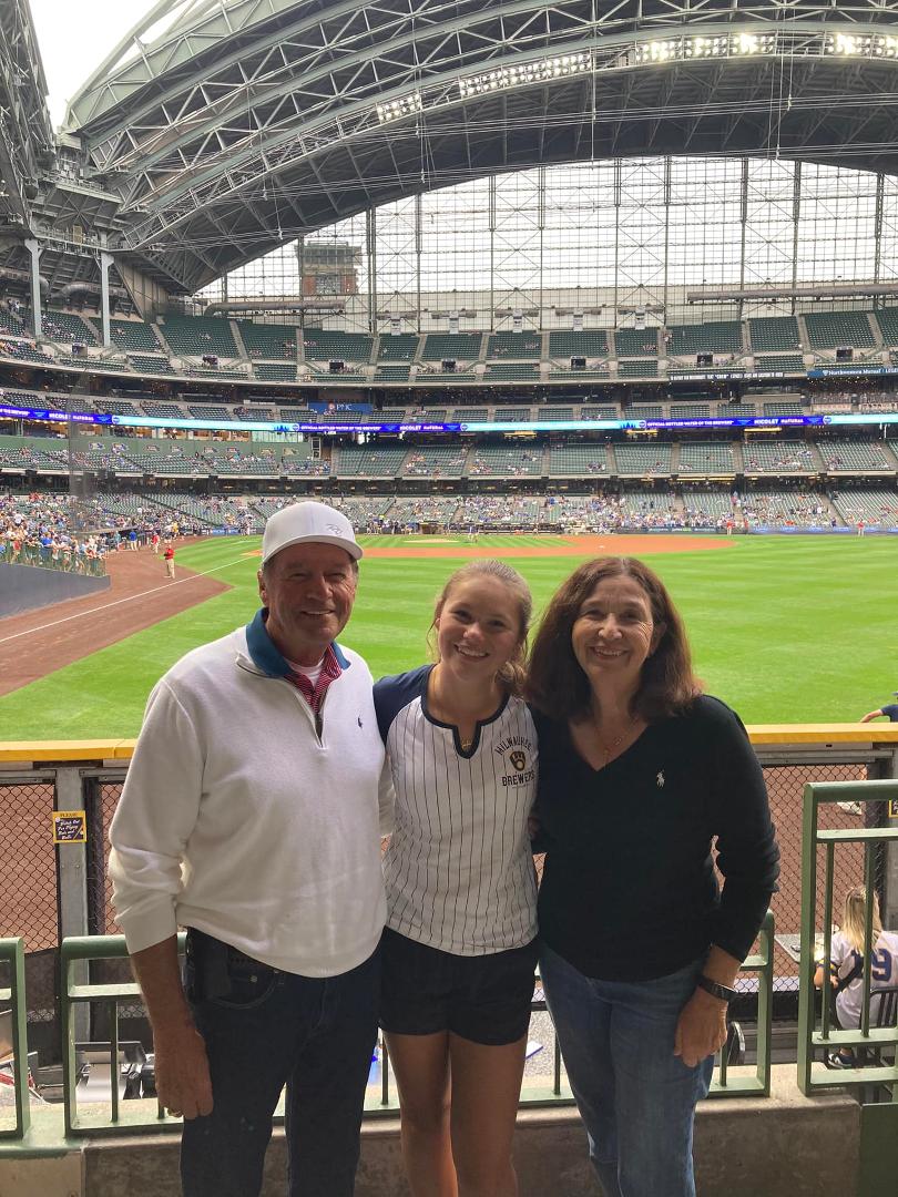 Enjoying the Brewer’s game against the LA Dodger’s with our granddaughter Gabija.
