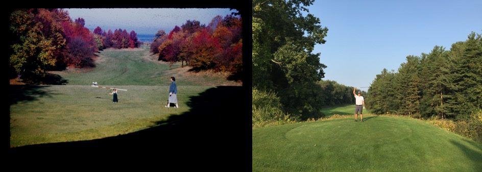 The picture on the left was taken by my Dad in 1953. That's me and Mom at Durand Eastman Golf Course near Rochester. Yesterday I had a chance to play golf at Durand Eastman, ever on the lookout for the scene from that pictu