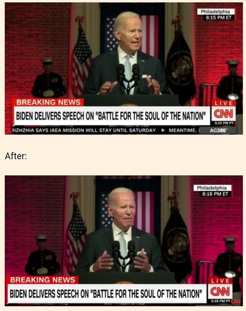 During Biden's "War on MAGA" speech, CNN color-shifts the background from a hellish dictator red to a less threatening fushia.