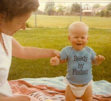 This is Grandma and first grandchild Justin wearing my company shirt, many years ago!!!!
