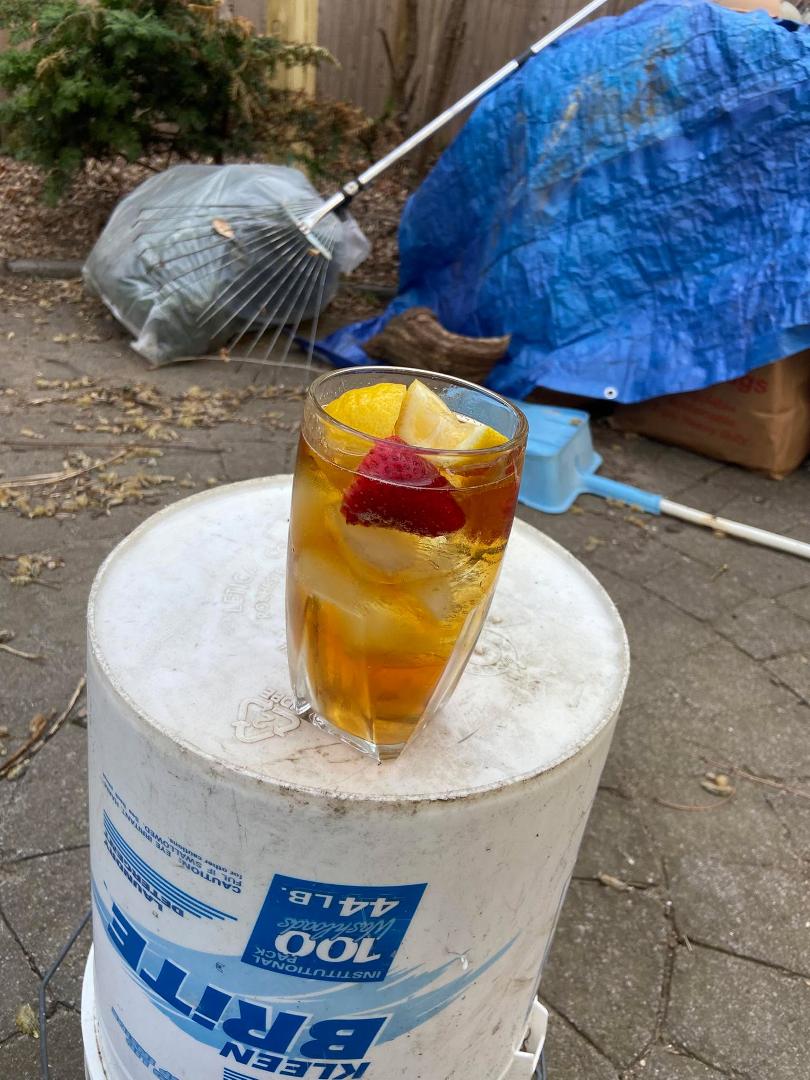 Yard clean up. Lots to do here, and it’s 82°/28° at 4:30 pm. Amazing! Been a very cold and rainy spring this year. Well, I have certainly earned the first Pimm’s Cup of the season.