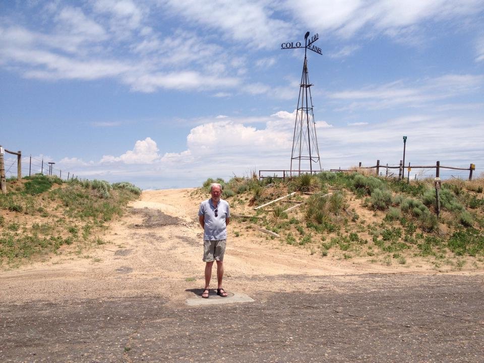 Standing in Colorado (to my right behind me), Kansas (to my left behind me), and Oklahoma (in front of me). I am not sure why anyone would want to be in Oklahoma a, but there it is!