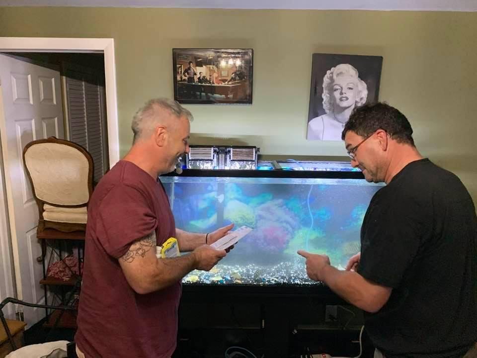 Rob and Rich working on the 60 gallon tank we just moved from Cherry Hill to the last move for everyone including the fish!! To Robs new home he purchased!!! In EST Berlin NJ! Great job tonight boys way to work as a team an