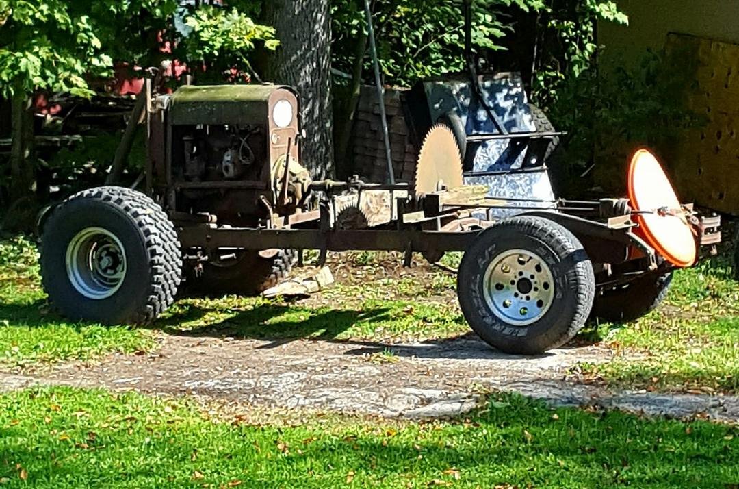 One of my Dads old creations. Dustin and I took the day and had to cut a couple of trees that had grown up through it and had to find some tires to put on it .We dragged it out of the woods up in Beartown and towed it all t