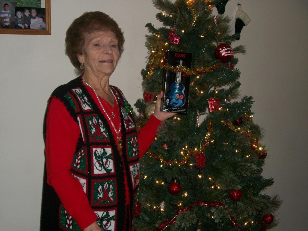 mother enjoying Christmas with my elvis Christmas ornament I ll be home fo Christmas music