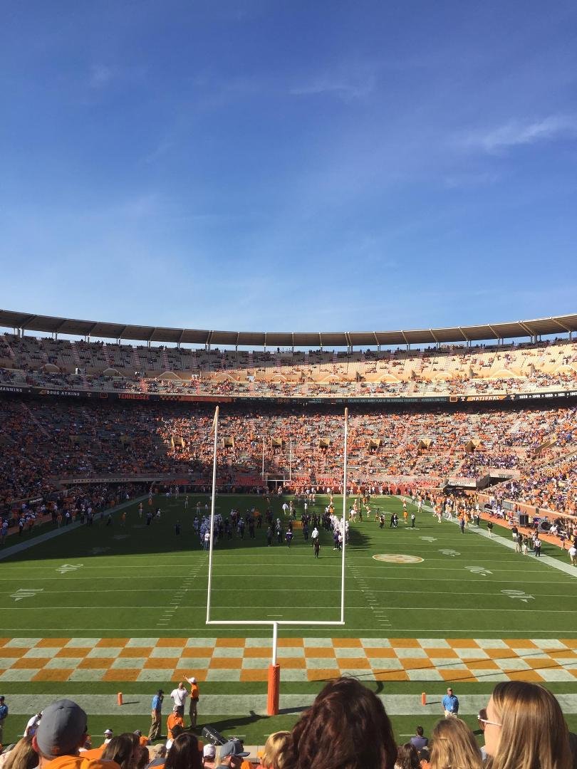 I have now arrived at Neyland Stadium. I haven't been to a game in 30 years. Right behind the goal post. I hope I don't get hot in the nose!