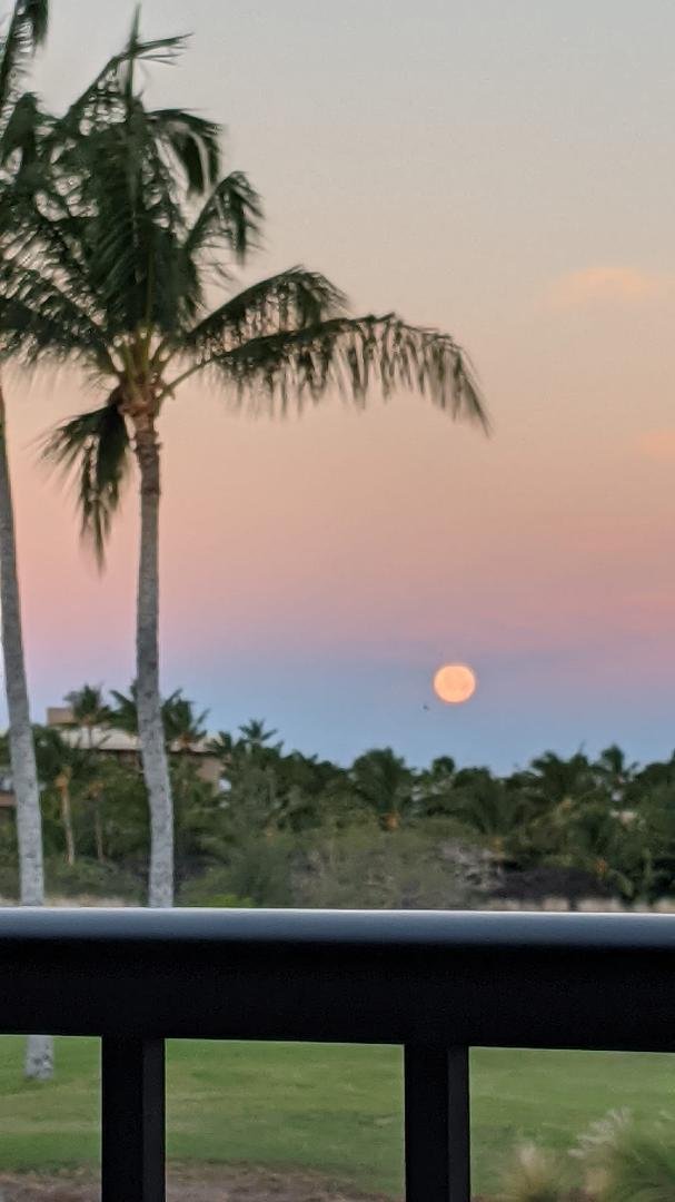 Full moon over Waikaloa Beach Shores, Hawaii as seen from my 2nd floor porch at 6:30 am.
