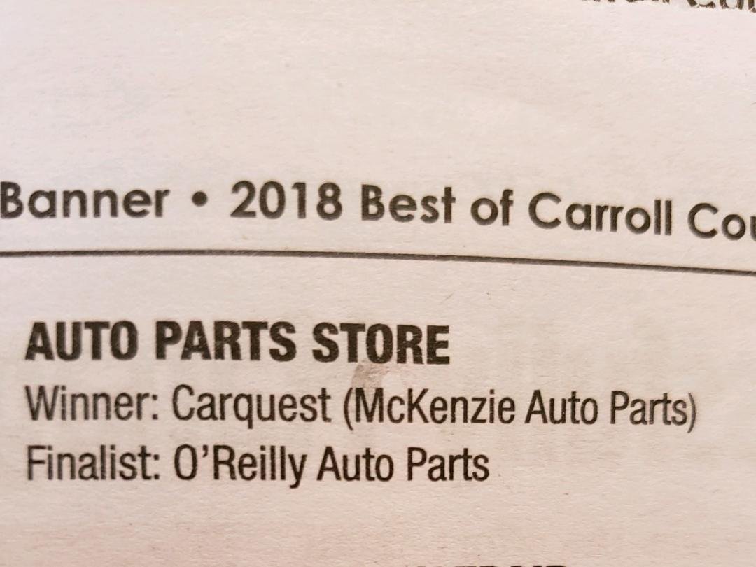 Congratulations to Carquest McKenzie Auto Parts for selection of best auto parts store in Mck. Banner survey. Way to go Marvin, Rusty, Carey and Carolyn.