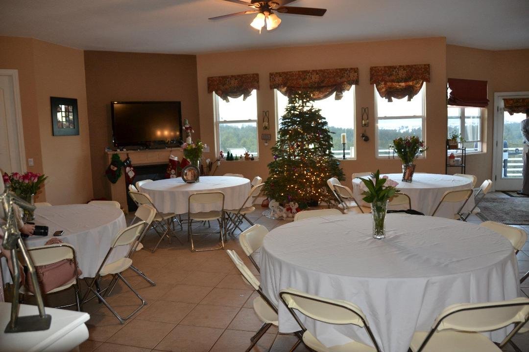 The living room has been transformed into a banquet hall