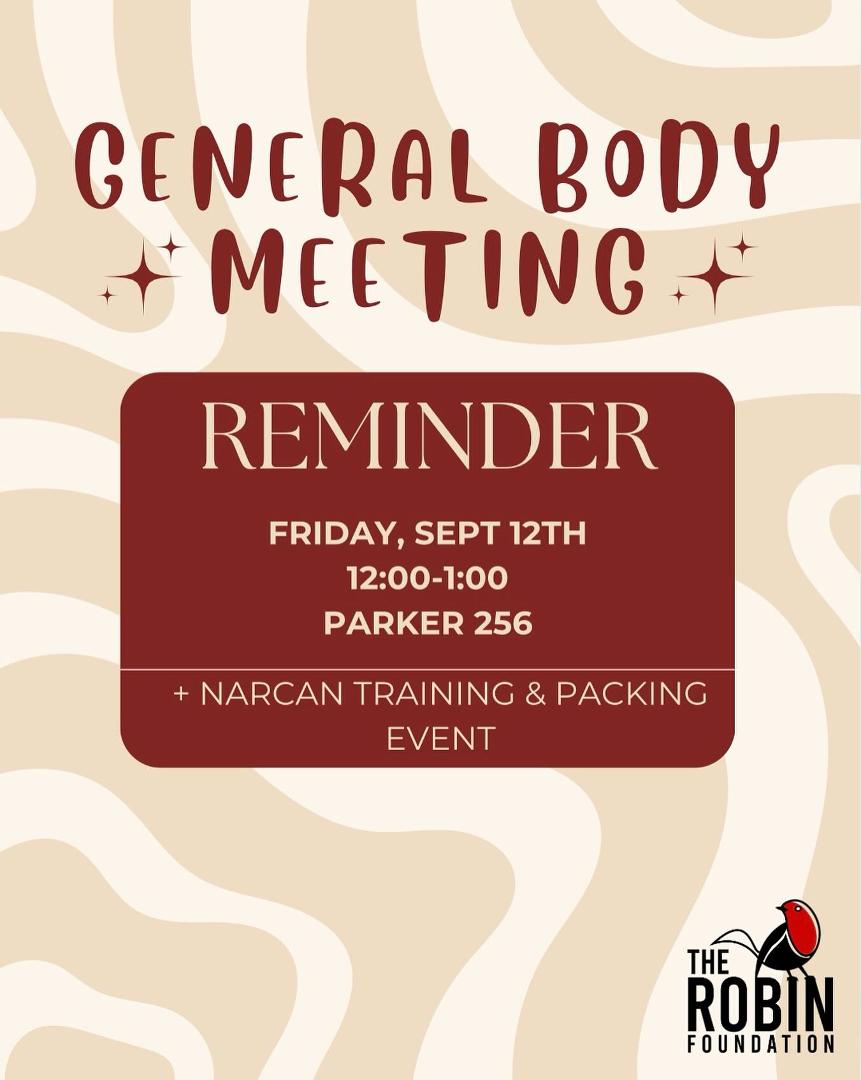 Join us for our first General Body Meeting this Friday from 12:00–1:00 PM in Parker 256!
We’ll be learning about Narcan and coming together to pack kits that will make a difference in our community. We can’t wait to see you
