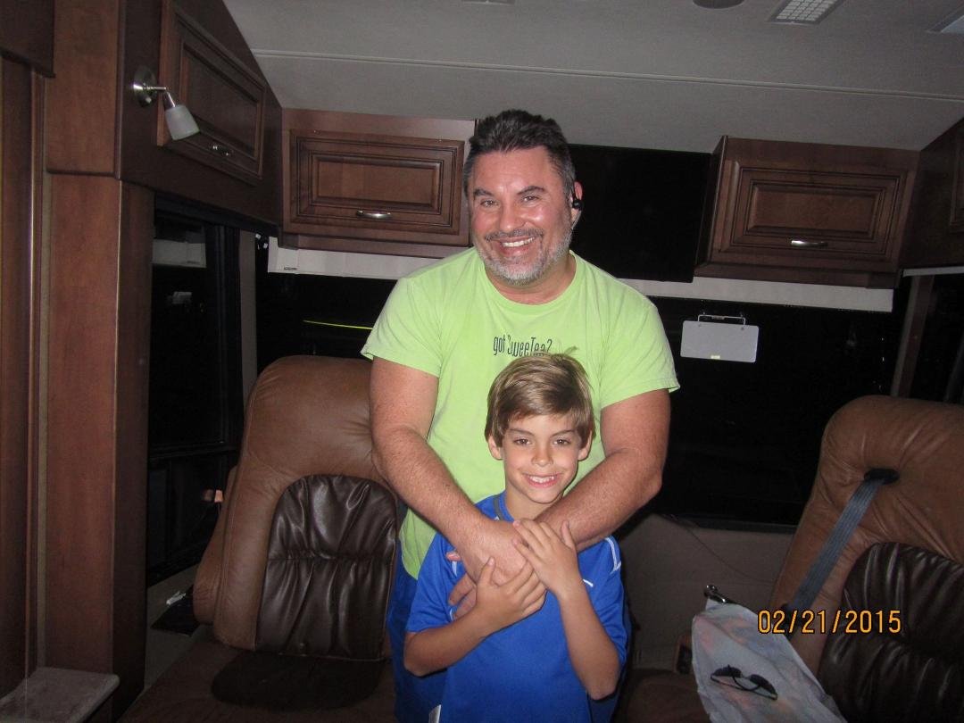 Our oldest son Val with his son (our grandson) Zachary who will be 9 yr. old in May visiting us at Lazy Days RV Resort in Tampa, FL.