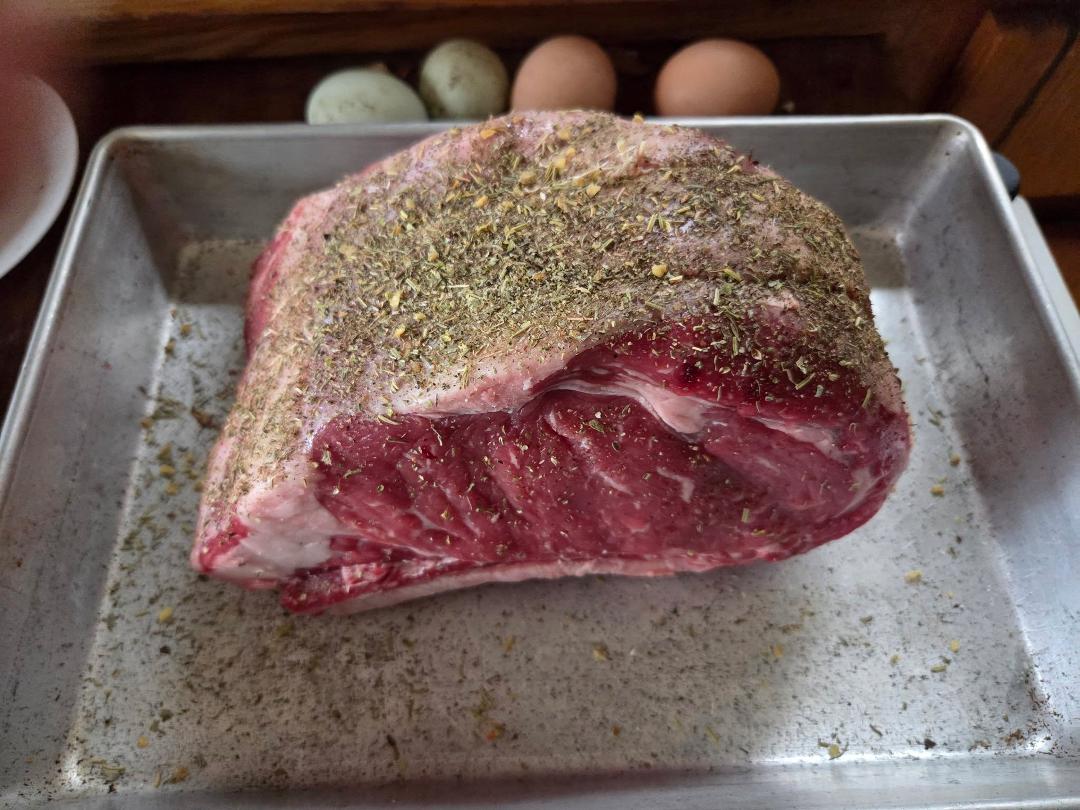 Doing a bone in Beef Rib Roast for dinner. Sort of a pre-holiday treat. I'm using the 500°F method. Works great. The eggs in the background are for the Christmas Eve Party cheesecake. It gets baked overnight in a slow oven.