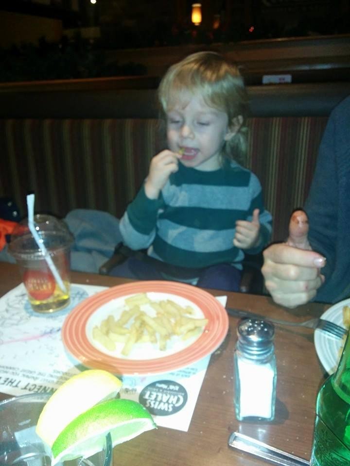 Having dinner at Swiss Chalet.