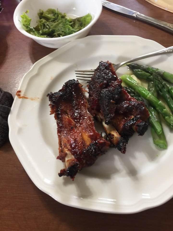 Wilted lettuce, Asparagus from our garden and baby back ribs!👏👌😍