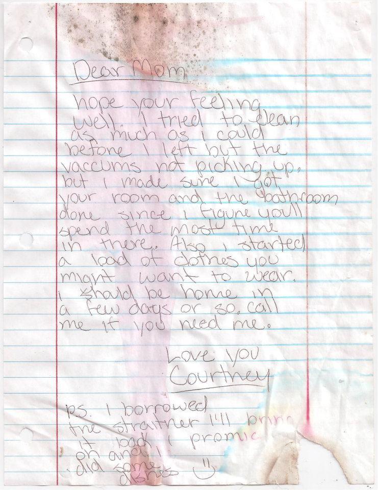 The actual letter scanned... she wrote it the day I got out of the hospital Jan. 14, 2009