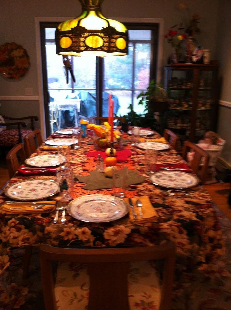 Here is my table, all ready to go. Waiting for the carrots and potatoes to cook and of course Fred isn't here yet.