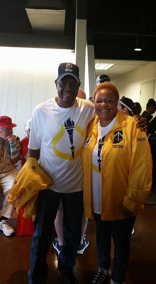 Lu Porter and George Flowers Sr. getting ready for the Indiana Bicentennial Torchbearer Run.