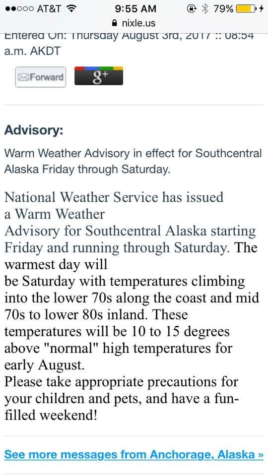 Only in Alaska would the weather service worry about 70 degree temperatures.
In Arizona it is currently a cool 100 degrees💥