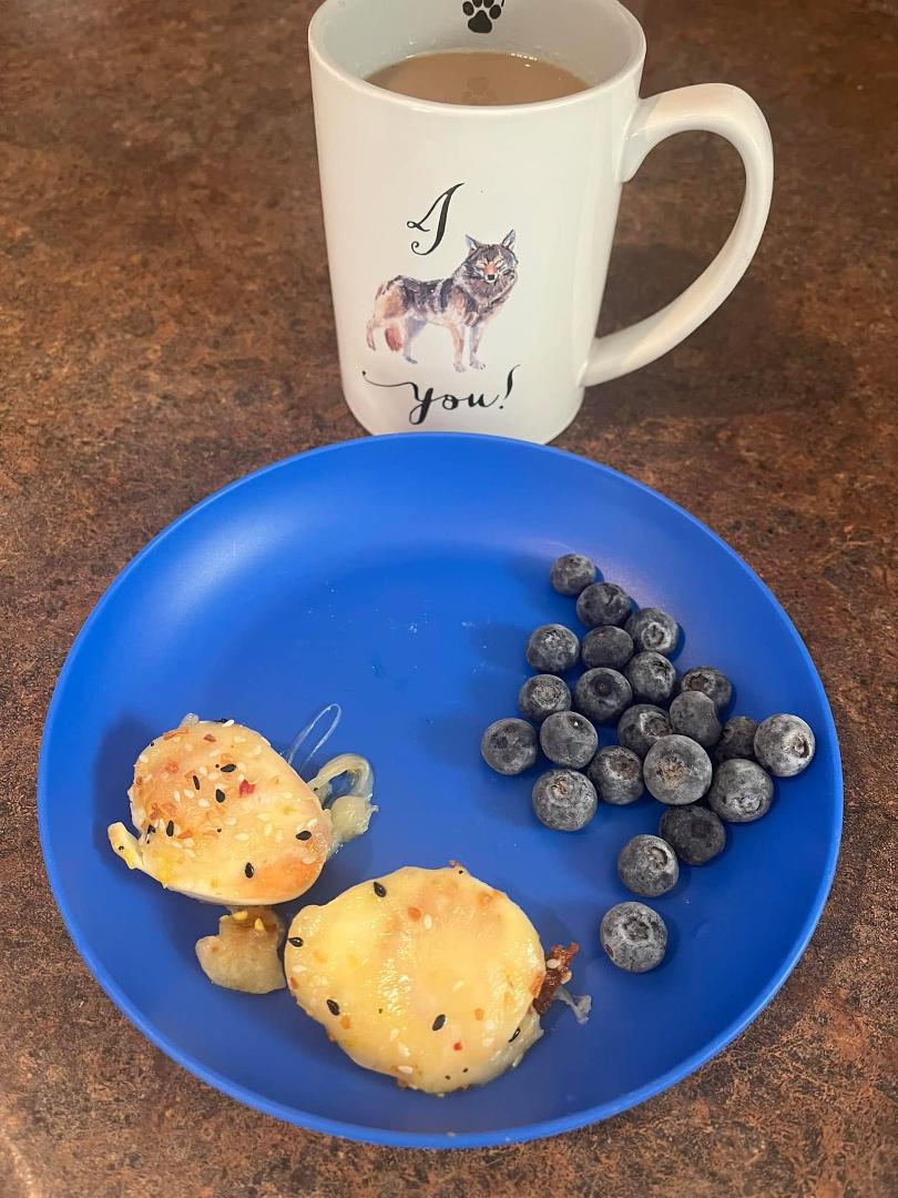 Fried boiled eggs with cheese and a sprinkle of everything bagel and bacon. frozen blueberries.
Tj White