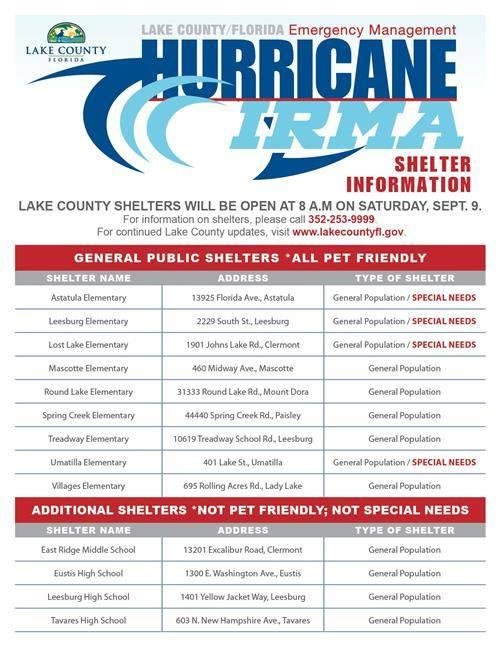 here is a list of all Lake county schools that will open for shelters
LAKE COUNTY SHELTERS
All nine Lake County general public and special needs shelters are pet friendly.
GENERAL PUBLIC SHELTERS (pet friendly)
Mascotte