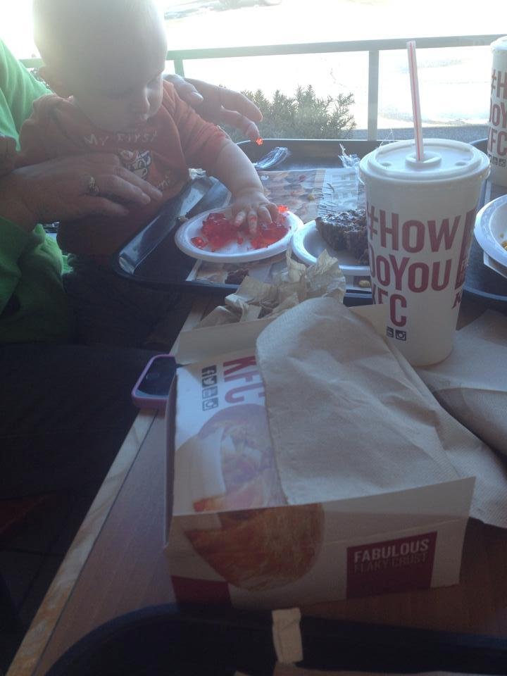 Issac likes jello with Cheryl Barnes Barnett , grandma at col.sanders