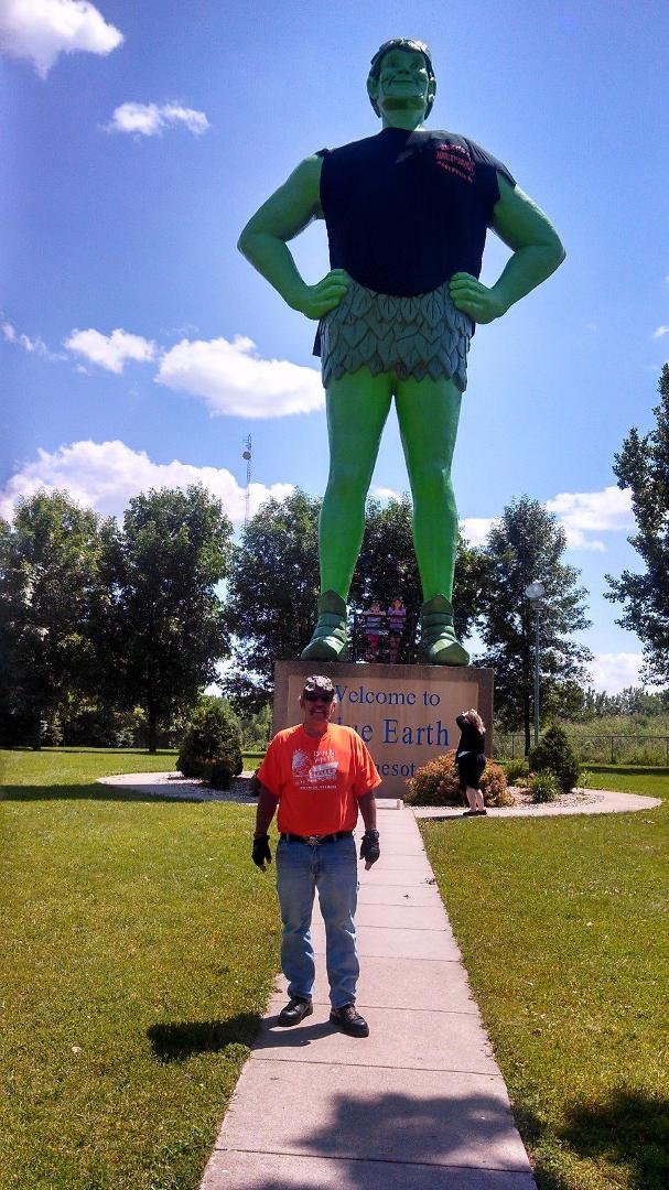 Dan and Whit in the land of the Jolly Green Giant. (Wearing a Harley T Shirt)