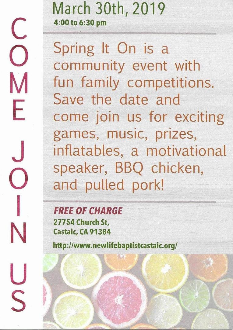 Great activity, dinner and preaching this Saturday 4 to 6:30 at New Life Baptist Church in Castaic CA.  Next day on Sunday is Friend Day.  Hope you can come.