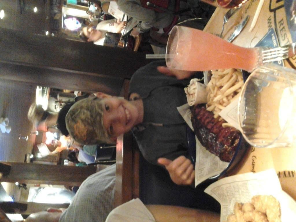 Dylan attacking a rack at Bubba Gump