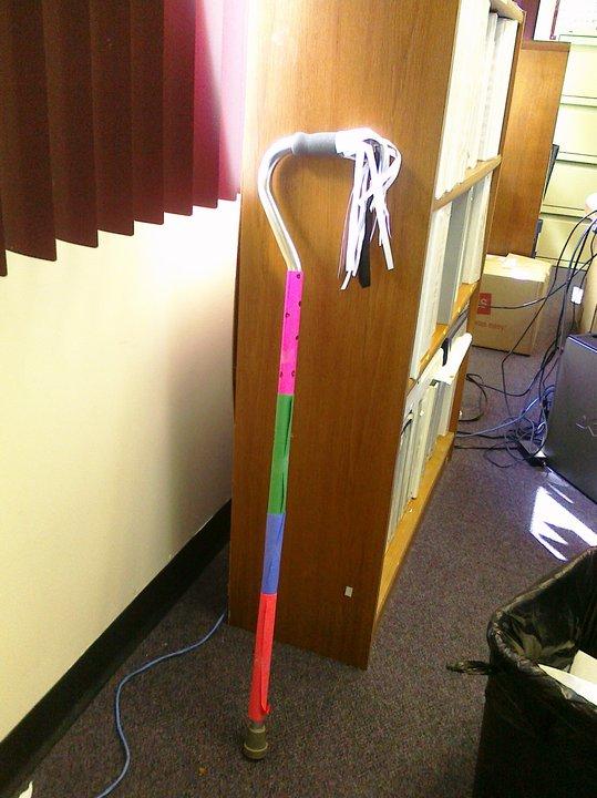 This is my festive cane decorated by Sondra Petito who has too much time on her hands.