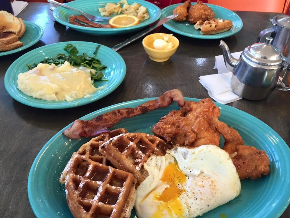 Breakfast of Champions w/Chicken & Waffles, crispy bacon, toasted rye bread, mouth watering mashed potatoes, perfect eggs over easy and hot tea w/honey for energy for Christmas Eve's tamales with Cinnamon Fireball Whiskey s