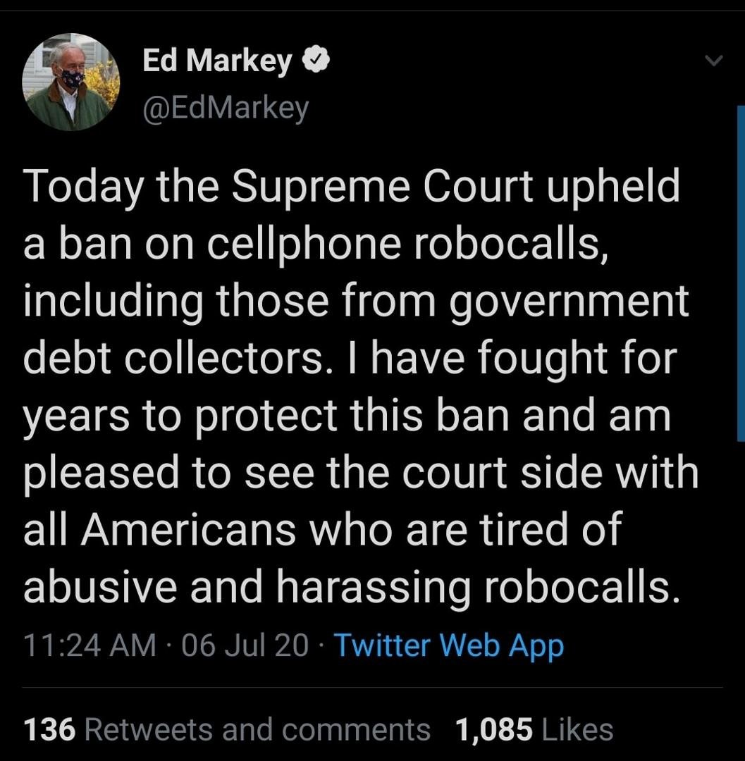 Barr challenged banning cellphone robocalls as a First Amendment violation. SCOTUS disagreed today.