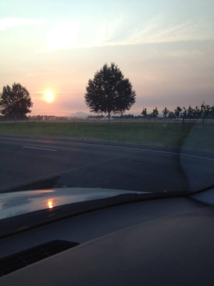 The Sun, Mt. Hood Oregon and I5 headed north. Beautiful place to live , can see four mountain peaks on morning commute.