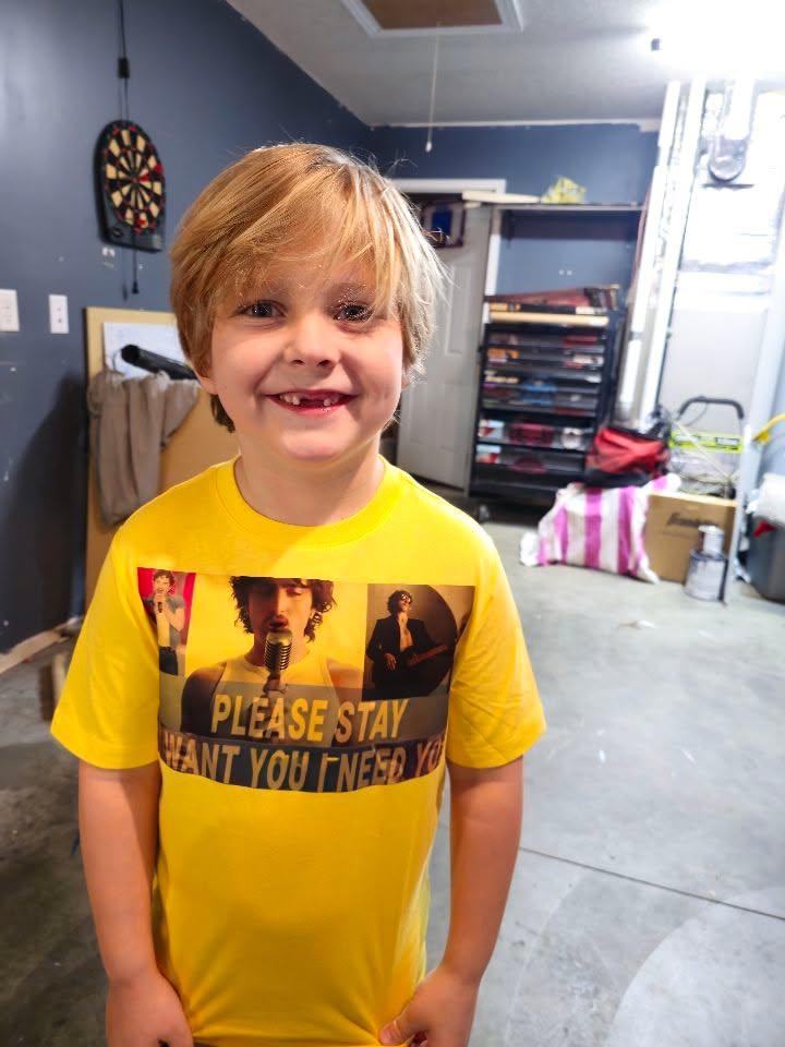 Brody and I co-designed this shirt, which turned out to be slightly too high. Nevertheless, his favorite song is on constant repeat as he performs it with a karaoke microphone. He walks back and forth, emulating the singer'