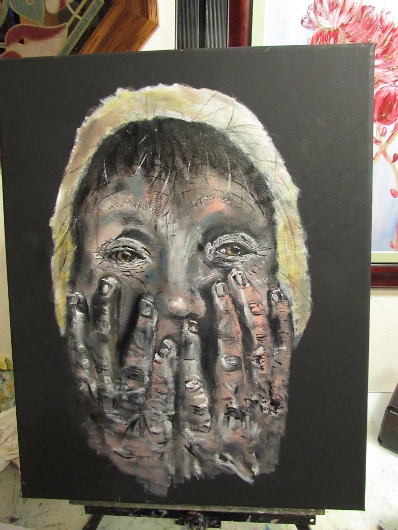 Strolling through the internet I spotted a photograph of a lady I now call "Sorrow". My take Oil on black stretched canvas 16 x 20