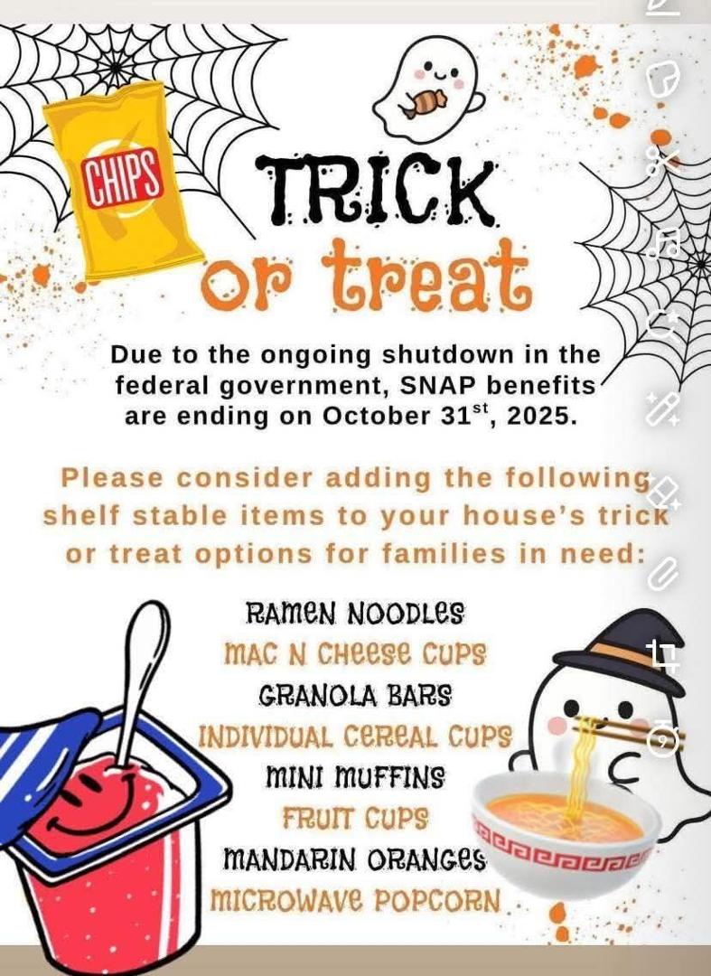 My friend posted this i a group and I think it's a great idea given all the children who will loose food stamps the day after Halloween.