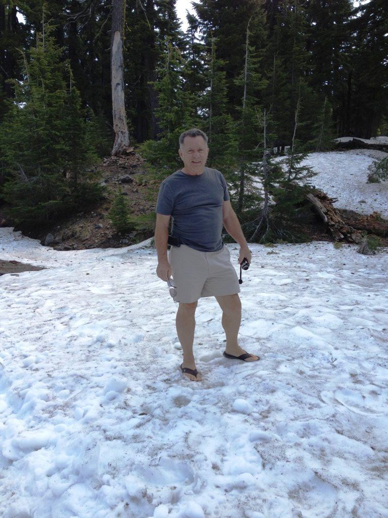 Something to be said about dressing properly for altitude especially slippery Flip Flops. Snow at Crater Lake, OR.