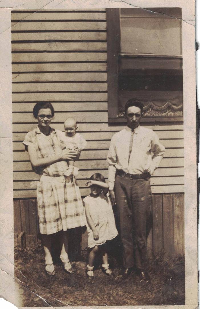 My grandparents, my father as baby, and Aunt Juanita.Circa maybe summer 1929.
