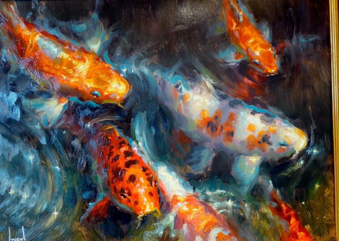 Shout it out! Joyful Enriquez' hungry hungry KOI are exquisite. They are hot out of the shipping crates, shining and happy. Three paintings, and destined to sell. They make for smiles. Call us to inquire, and we'll send mo