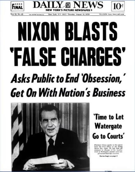 50 years ago yesterday this was the headline. One year later he was cornered and resigned and that was after Ford had been inserted to pardon him. His co-conspirators were convicted of felonies another year later and some