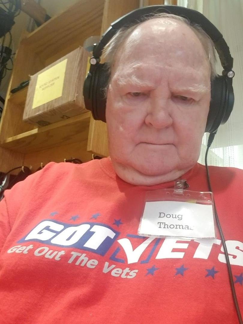 Doug doing sound duty at church on Sunday of Memorial Day weekend 2019.