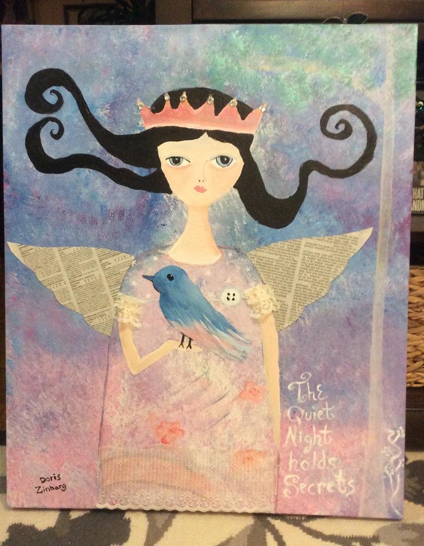 Finished the painting I started the other day.Acrylic and mixed media(added lace and rhinestones and newspaper)