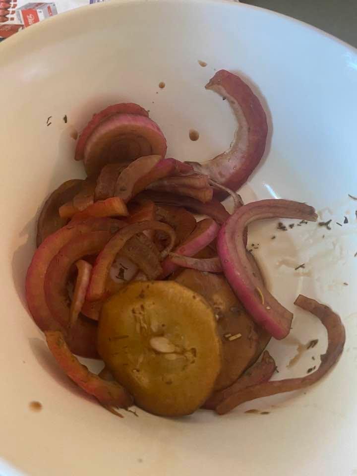 Cucumbers, Red Onions that have been “Pickling” in Balsamic Vinegar for 4 days.
Woooo!
