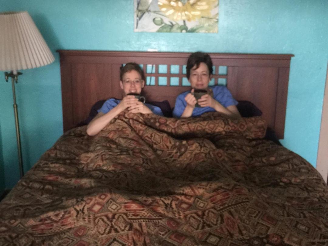 The goon sisters having coffee in bed in Yuma!