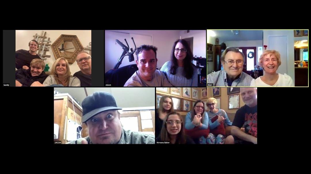 What a great Christmas Celebration with several members of our family using Zoom!  Starting upper left clockwise:  my daughter Sandy's family during visit to North Carolina, Alan's son - Adam and Wendy, Alan and me, my son 
