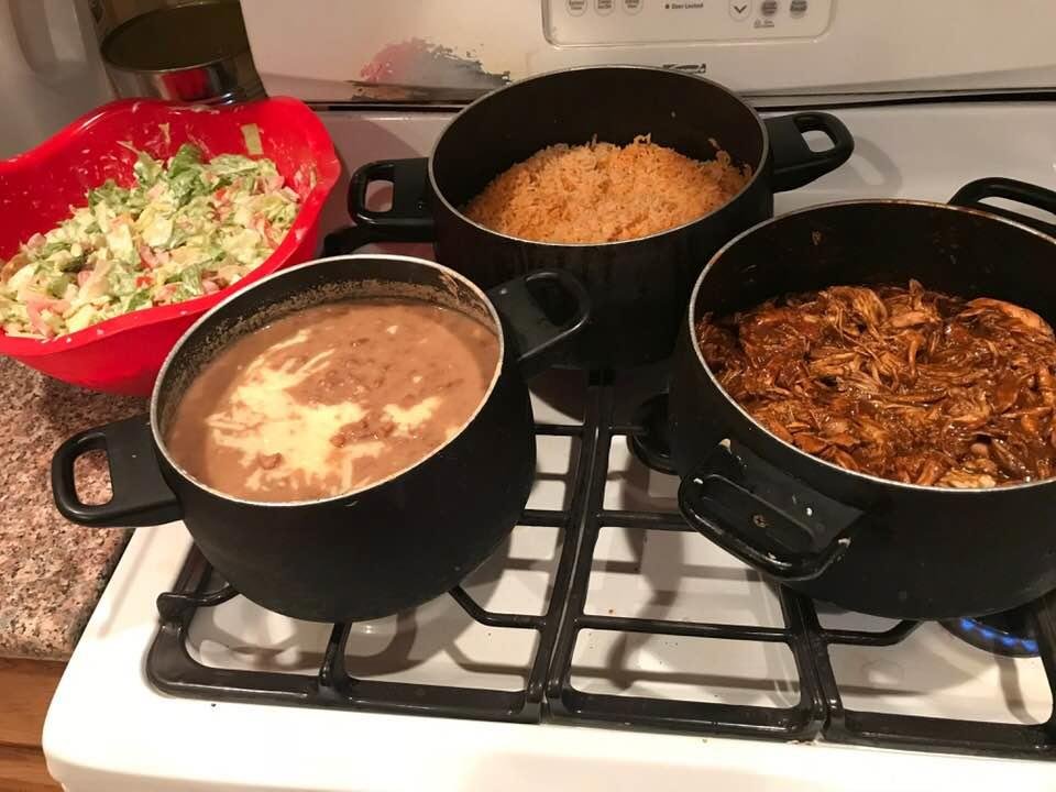 Tonight’s dinner that I so Lovingly prepared for my family❤️🙏Even through my aches and pains I did it! Homemade rice, homemade beans, refried the beans added cheese , and salad. I Love my Family and my honey did help me s