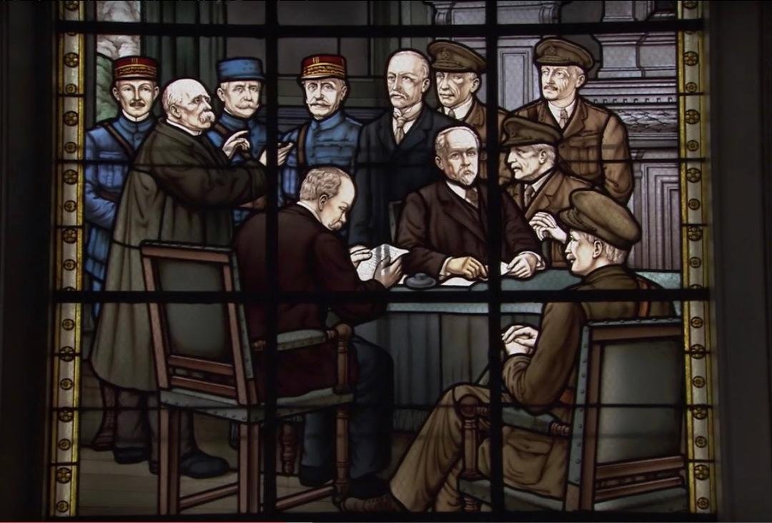 This is a famous stained glass picture of the Doullens Conference held in the town hall of Doullens, France, on March 26, 1918.
