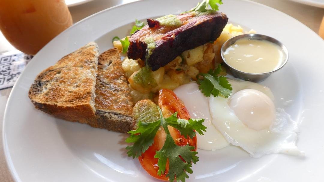 Crispy pork belly with poached eggs.