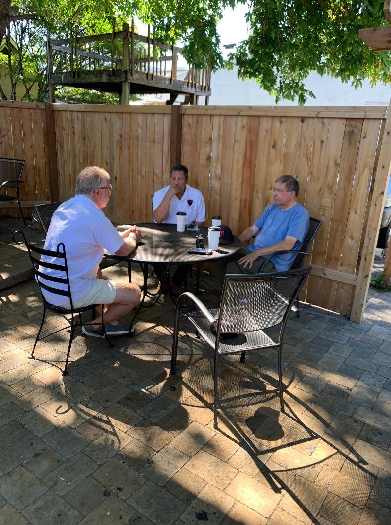 "Meeting of the Minds" Having coffee after 50 years brought forth lots of stories of past adventures and decisions to stay in touch. Our dear friend Randy, went to be with the Lord on 9 June 2023 (seated in Blue t-Shirt).